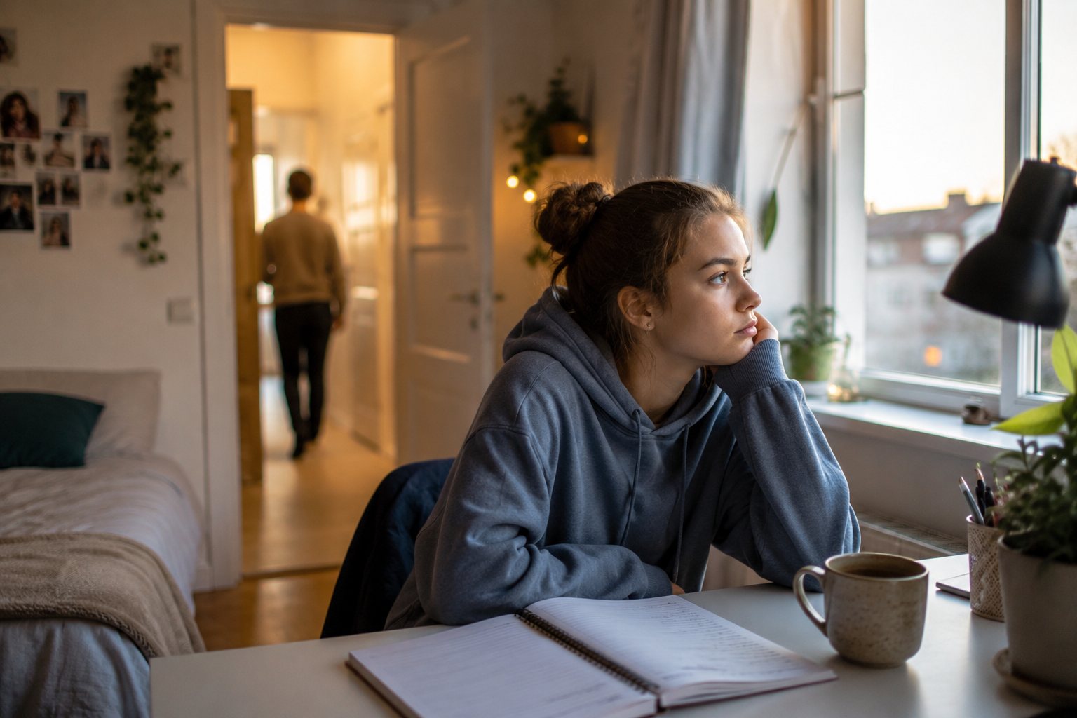 En ungdom sitter alene på sengen og ser ut av vinduet med et ettertenksomt uttrykk. Bildet illustrerer følelsen av å være misforstått og ønsket om å bli forstått av foreldrene sine.