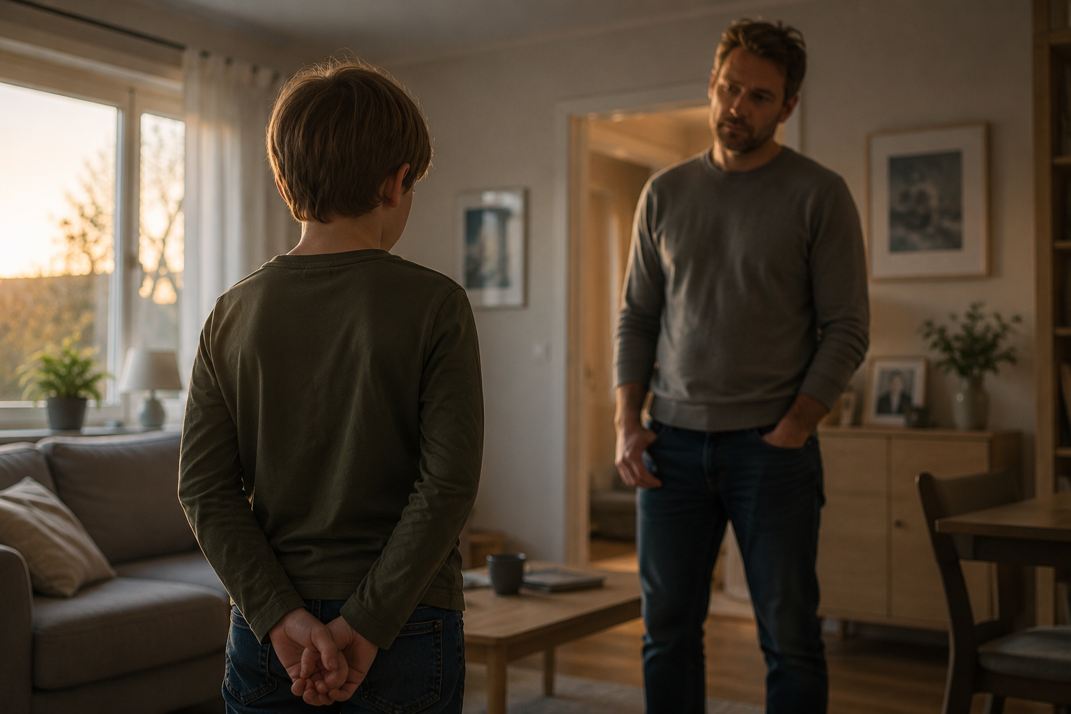 En far ser rolig og ettertenksomt mot et barn som står med ryggen til i en stue. Bildet illustrerer en vanskelig samtale om ærlighet, tillit og barns følelser.