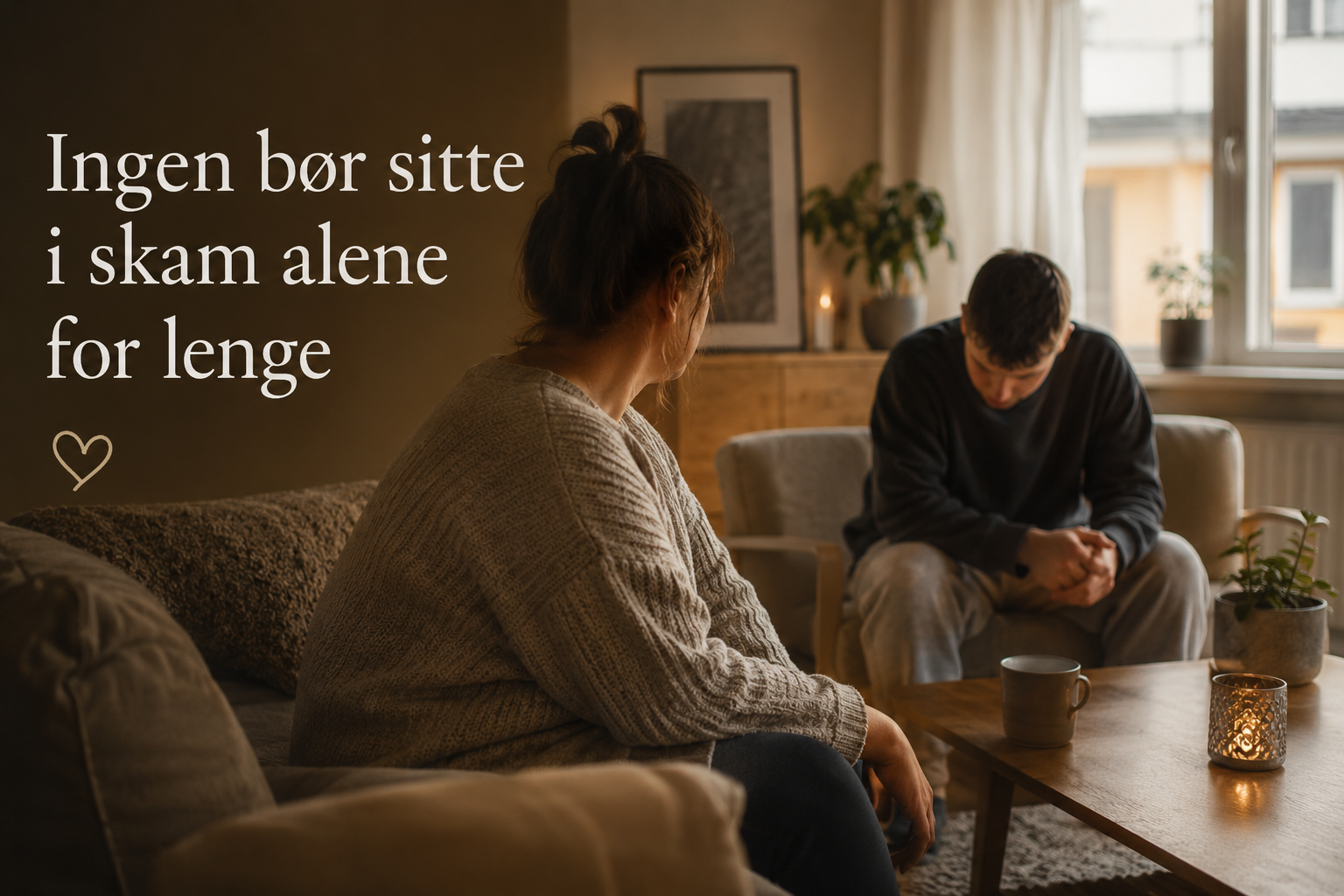 Et stille og nært bilde som symboliserer skam, trygghet og behovet for å ikke være alene med vanskelige følelser.