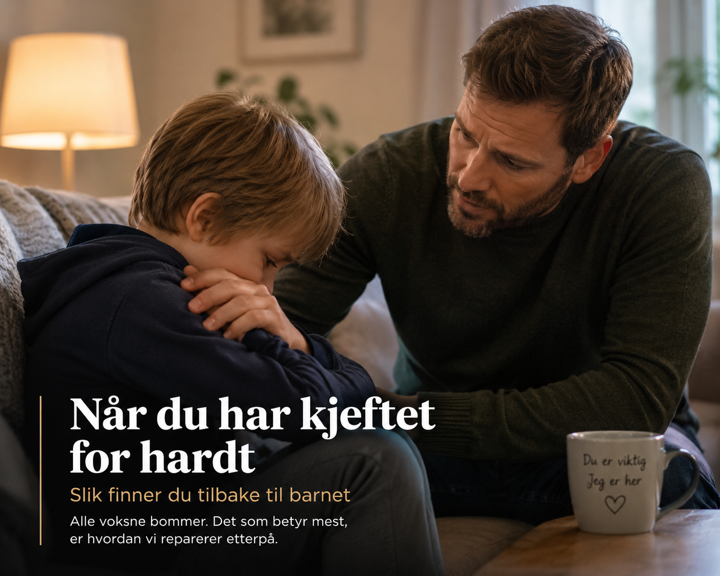 Et varmt og rolig bilde som symboliserer en voksen og et barn som finner tilbake til hverandre etter en vanskelig situasjon.