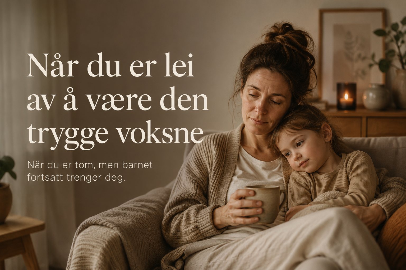 Et varmt og rolig bilde som symboliserer en sliten voksen som prøver å være trygg for barnet sitt.