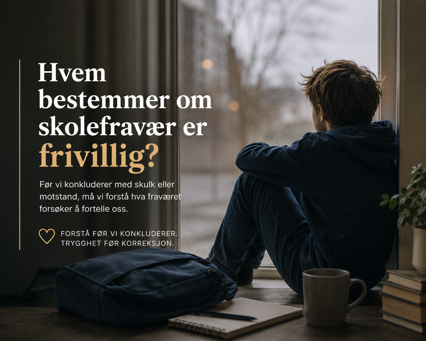 Et rolig og alvorlig bilde som symboliserer skolefravær, barnets indre belastning og voksne som forsøker å forstå før de konkluderer.