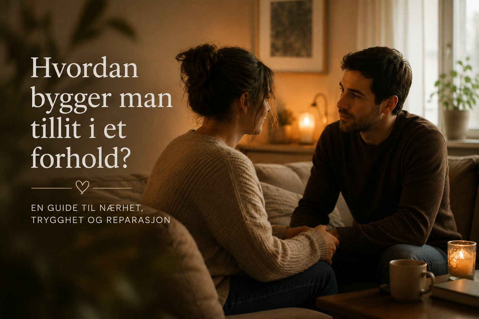 Et varmt bilde av to voksne som sitter tett sammen i en rolig samtale om tillit og nærhet.