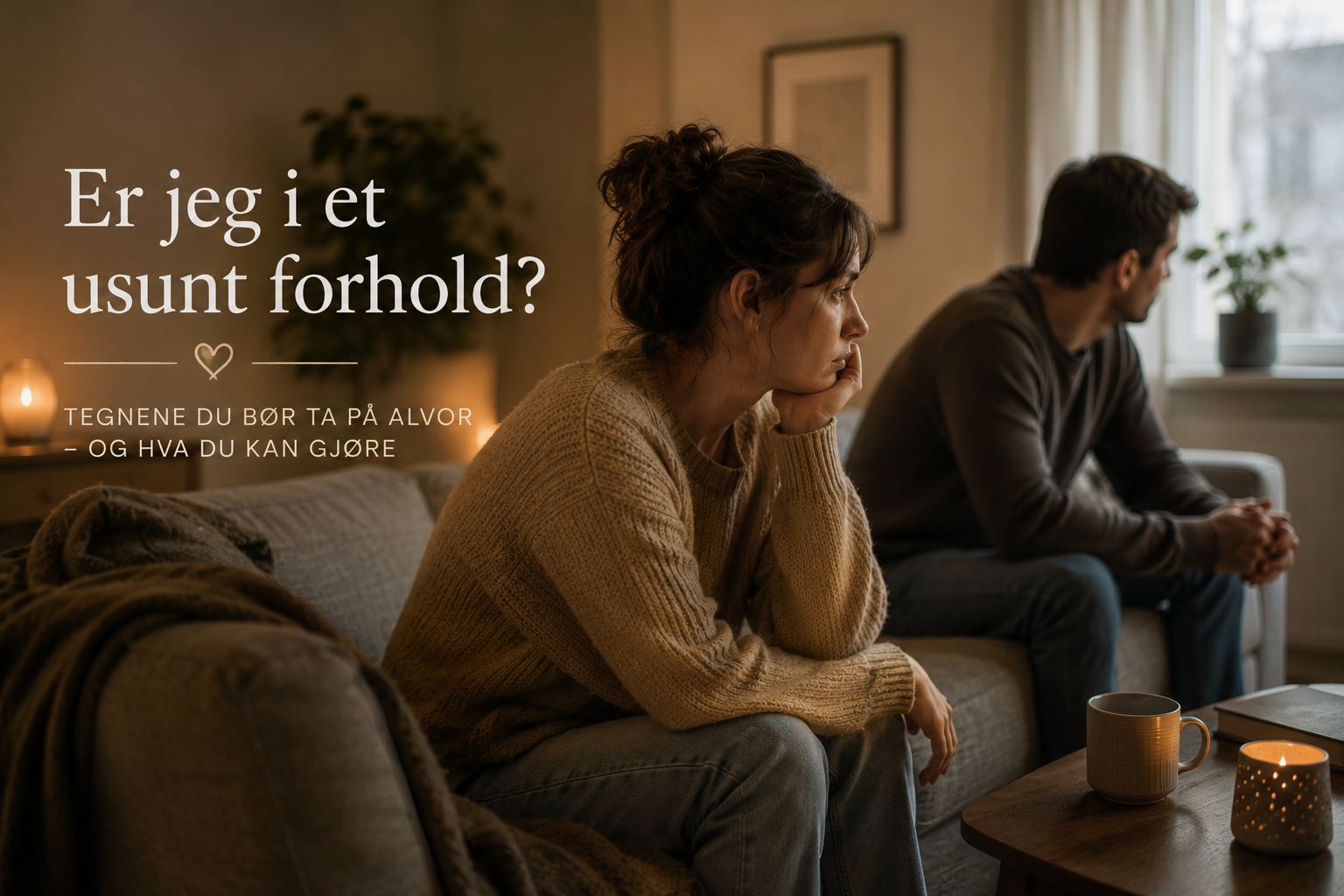 Et varmt og alvorlig bilde av to voksne som sitter med avstand i en sofa, som symboliserer usikkerhet og emosjonell avstand i et forhold.